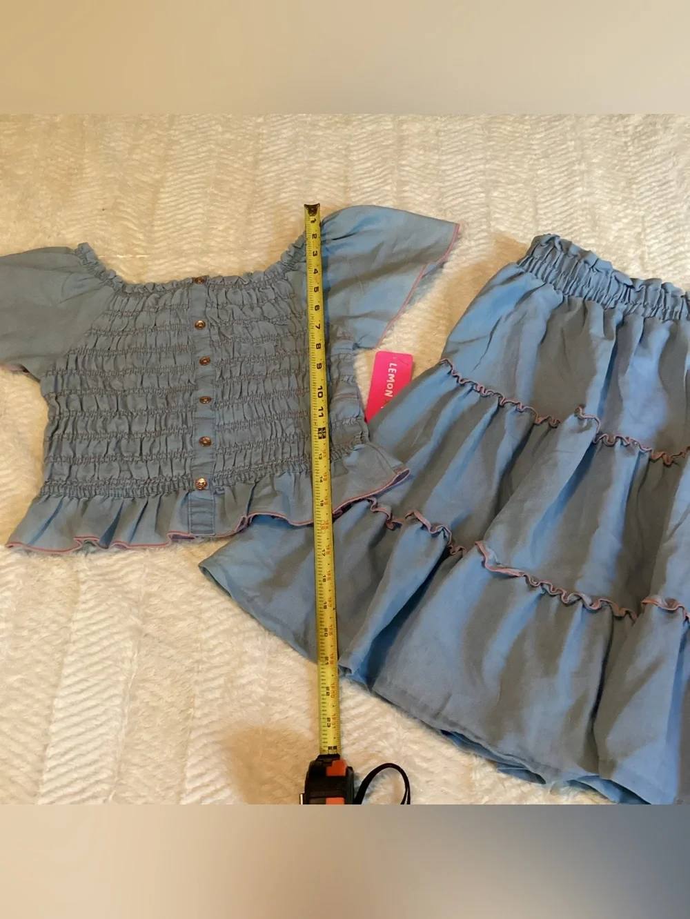 Girls Sz 10 Lemon Kiss Denim Shirt/skirt Matching Smocked Blue/pink Skirt Set